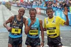 From left to right: 2nd Mo Farah, winner Kenenisa Bekele and 3rd Haile Gebrselassie lin the BUPA Great North Run.